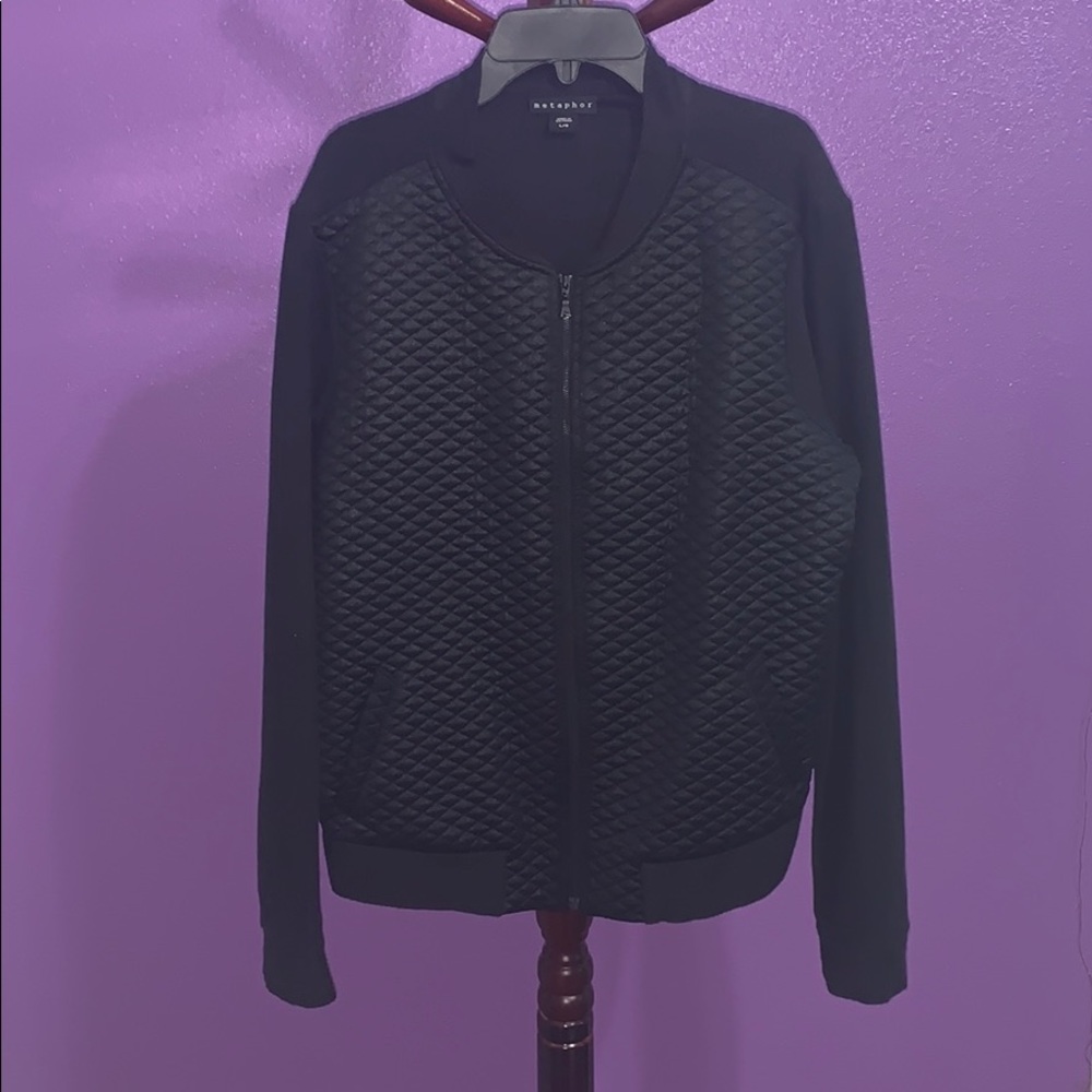 Solid black zip-up jacket with pockets.
